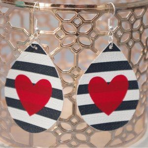 Black & White Stripe Red Heart Teardrop Earrings